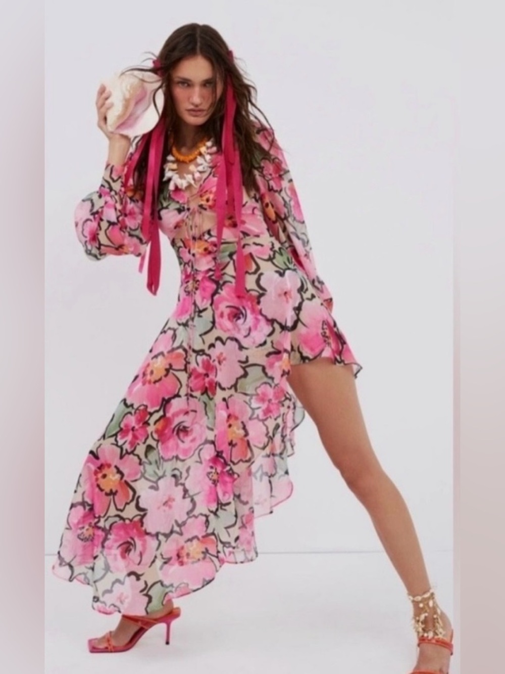 NWT For Love & Lemons Tiana Printed Floral Sheer Cut Out Midi Dress Size XS - Picture 3 of 9
